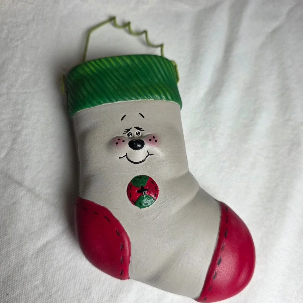 Vintage 2000 Handmade Ceramic Christmas Stocking Ornament Whimsical Grey Red